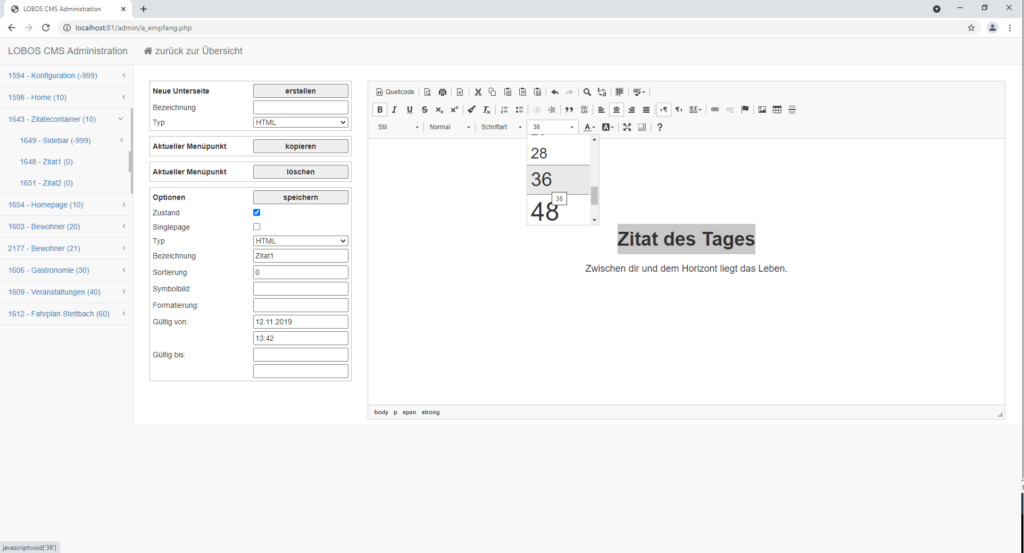 Modul CMS - Empfangsbildschirm, Willkommensbegrüssung, Inhaltpflege durch HTML-Editor, bestimmen des Erscheinungsdatum.