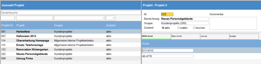 Modul Projektbuchhaltung, übersichtliche Organisation von Finanzen der Projekte.