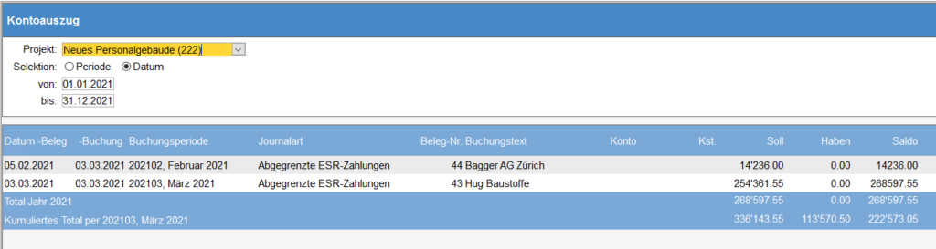 Modul Projektbuchhaltung, Anzeige der Buchung pro Datum oder Periode.