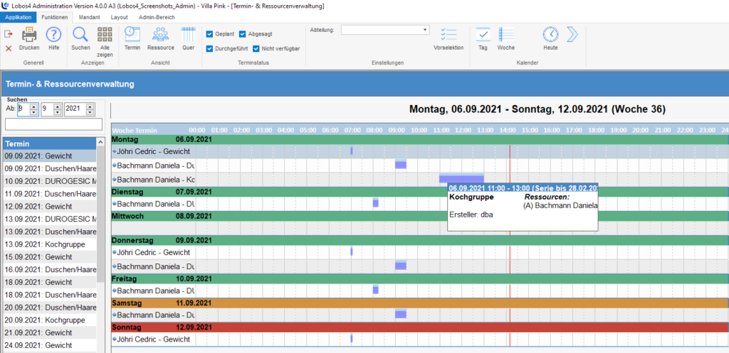 Modul Termin-/ Ressourcenverwaltung, Vielfältige Selektionsmöglichkeiten, übersichtliche und einfache Bedienung. Der Terminkalender verschafft einen Überblick über die nächsten Wochen.