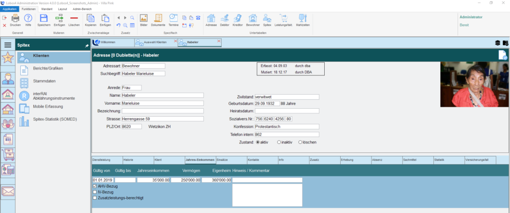 Modul Spitex-Administration, Klienten-Grunddaten in der Adressverwaltung.